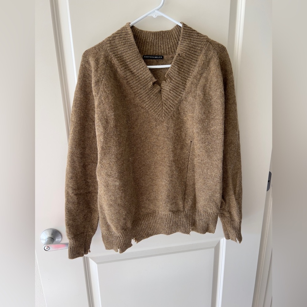 Uma Wang style cropped v-neck ripped frayed loose fit dropped shoulder Jumper